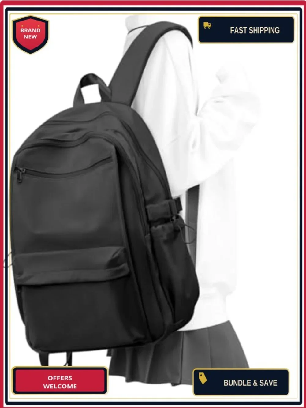 Water-Resistant Nylon Backpack with Laptop Sleeve, Anti-Theft, Lightweight